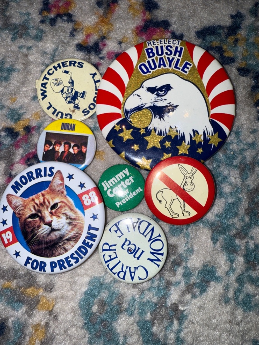 Vintage Political & Band Pinback Button Lot — Patriotic Eagle, Cat, Duran